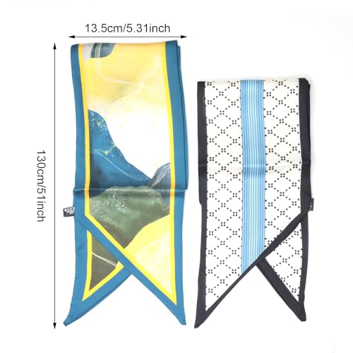 yueton 2Pack Trendy Satin Scarf Lozenge Scarves Landscape Pattern Scarf for Women Neck Handbag Accessories Hair2