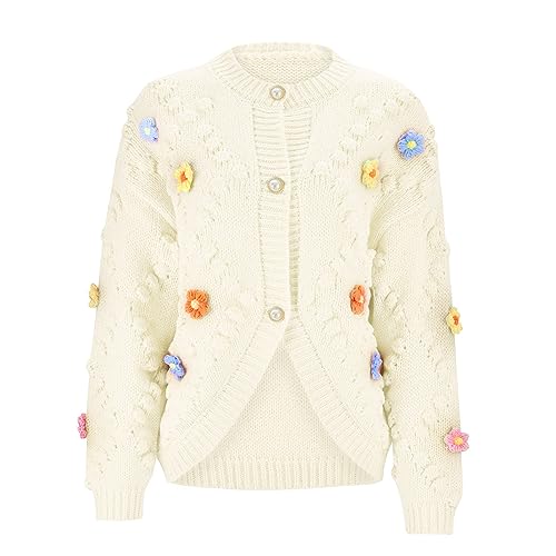 Generisch Veste d'hiver pour femme - Crochet à la main - Cardigan avec broderie à trois fleurs, Blanc., taille unique