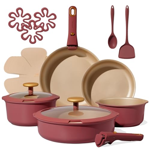 Image of CAROTE 18Pcs Titanium Reinforced Nonstick Pots and Pans Set, Nonstick Cookware Set with Detachable Handle, Induction Kitchen Cookware Sets Removable Handles, Dishwasher Safe, Oven Safe, Red