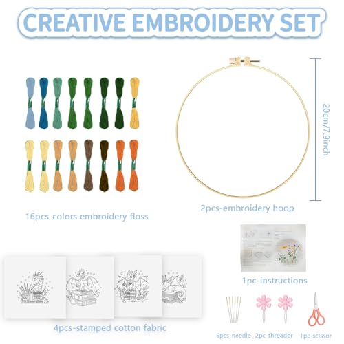 Image of FREEBLOSS 4 Set Book Embroidery Kit with Stamped Cartoon Dragon and Book Pattern Embroidery Kit for Beginners Instructions Included Cross Stitch Kit Embroidery Starter Kit for Adults 20cm