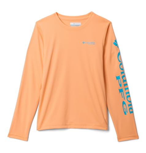 Image of Columbia Youth Boys PFG Terminal Tackle Long Sleeve Sun Protection Shirt, Bright Nectar /Ocean Teal Logo, Large
