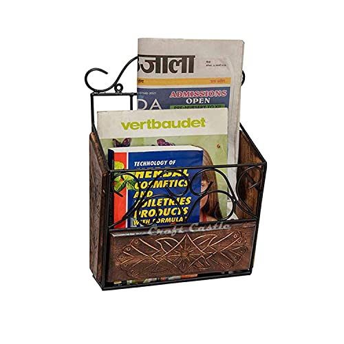 Image of Wood & Wrought Iron Modern Elegance Magazine Newspaper & Book Wall Rack for Home & Office, Black & Natural Finish, 38x28x11 cm