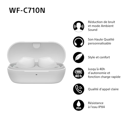 Sony WF-C710N - Écouteurs sans Fil à réduction de Bruit, écouteurs légers, Commandes tactiles, Connexion multipoint, IPX4, jusqu'à 40 HR de Pile, Charge Rapide, iOS et Android - Blanc
