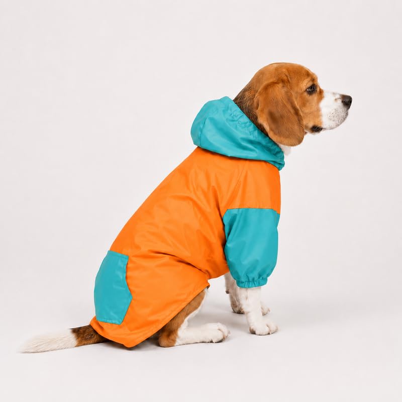 Image of Thunder Tails Dog Raincoat Waterproof Lightweight Jacket for Dogs with Hood | Reflective Safety Strips, Adjustable Velcro Closure, Leash Opening, Pet Rain Wear(Orange /Teal, XL)