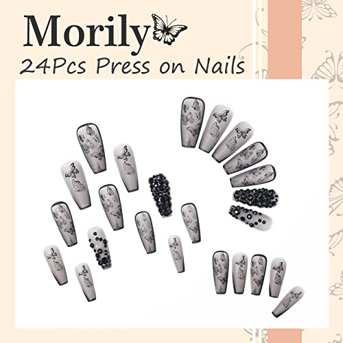 Morily Black Press On Nails Long Coffin 24Pcs Matte Butterfly Fake Nails French Tip False Nail With 3D Rhinestones Design Acrylic Ballerina Stick On Nails For Women Artificial Full Cover Finger Nails #TOP1