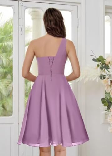 One Shoulder Short Bridesmaid Dresses for Women with Pockets Chiffon Ruffles Keyhole Pleated Formal Gowns WO0972