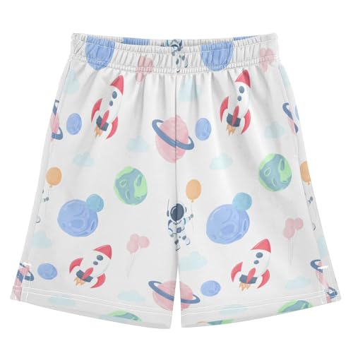 Cute Astronauts Athletic Shorts with Zipper Pockets, Youth Boys Athletic Running Shorts for Summer