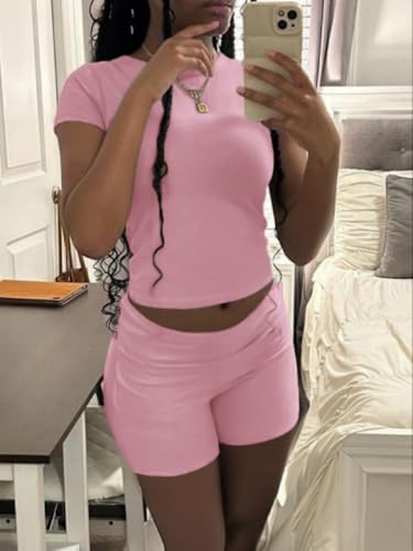 Image of AYWA Women's Two Piece Sets Summer Slim Fitted Short Sleeve Tops Foldover Shorts Matching Lounge Sets