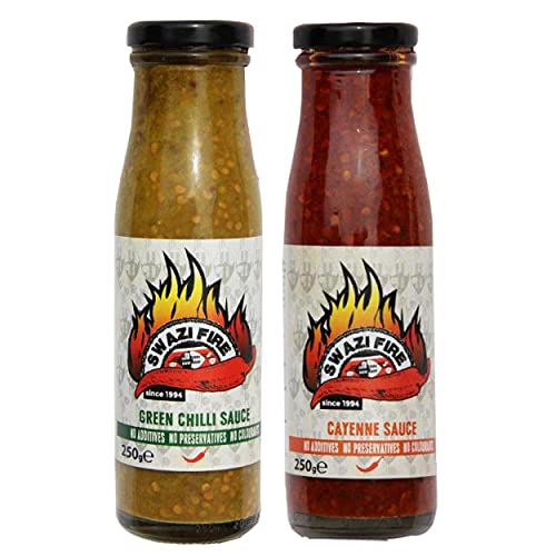 Swazi Fire Hot Sauce by Eswatini Foods | Gourmet Cayenne Hot Sauce + Green Chilli Hot Sauce | All-Natural, Vegan Hot Sauce | 2-Pack, 8.8 Oz. (250g) Bottles