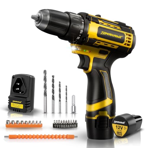 Image of TOMAHAWK TCDR-12A 12V Cordless Drill /Screwdriver Kit | 10mm Keyless Chuck | 2-Speed (350 /1350 RPM) | 1.5Ah Single Battery | LED Light | 25+1 Torque | Drill & Screwdriver Bit Set for Home, DIY