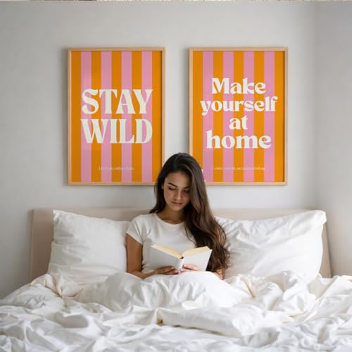 Image of Suneree Stay Wild Make Yourself At Home Wall Art Set of 2 Framed Paintings | Orange Pink Retro Typography Poster | Bedroom Living Room Home Decor (Art 8, 13x19 Inches)