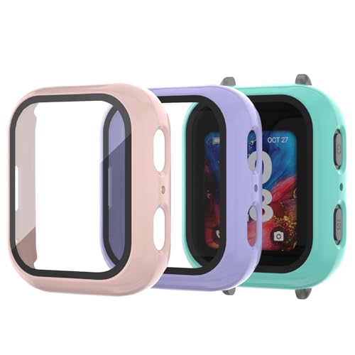 NewJourney Compatible with Bark Watch Screen Protector 3 Pack Bumper Case with Scratch-Resistant Tempered Glass Cover Kids Smartwatch Accessories (Teal+Purple+Pink)