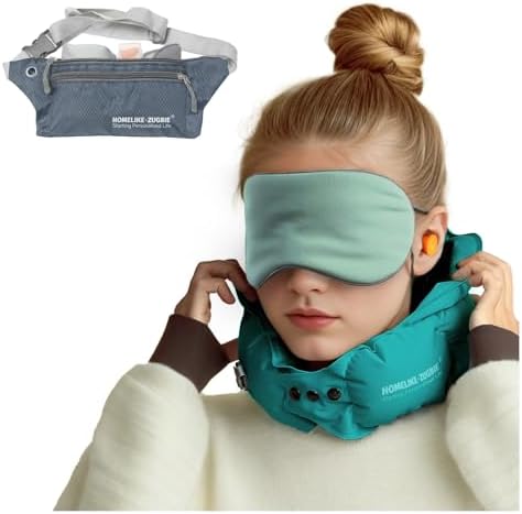Inflatable Travel Pillow for Airplane, Inflatable Neck Pillow Airplane for Travel Office Nap Neck Support, Buy 1 Get 3 Professional Green Sleeping Eye Mask and Highly Silent