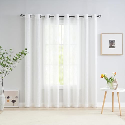 Treatmentex Visillos Salon Translúcidos y Cortinas Dormitorio, Cortinas Salon 2 Piezas 140x225cm, Textura Lino Blanco Transparente con Ojales para Oficina​