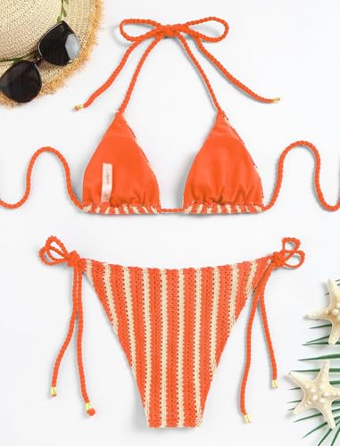 Image of ZAFUL 2 Piece Triangle Bikini for Women Knitted Rope Halter Bikini Sets Sexy Bathing Suit Side Tie Swimsuits Beachwear