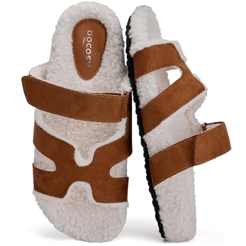 Womens Fuzzy H-Band Slippers Faux Shearling Open Toe Slide Sandal Adjustable House Shoes Wide Width
