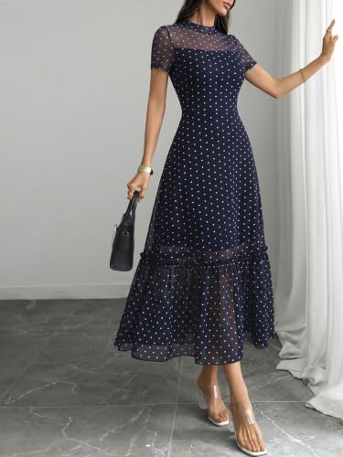 Image of GothDark Women's Summer Floral Mesh Ruffle Dress Short Sleeve Round Neck Waist Cinched Casual Maxi Wedding Guest Dresses
