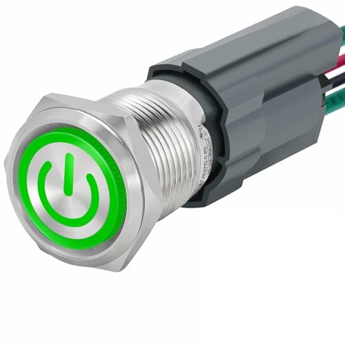Image of UL Listed 15Amp 16mm Latching Push Button Switch 12V-24VDC IP67 Waterproof; SPST 1NO, with LED Angel Eye Light; Stainless Steel 304 with Wire Socket Green