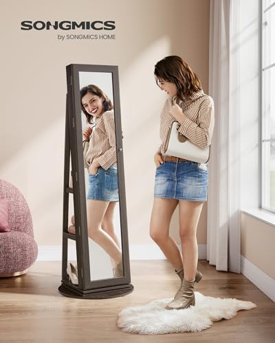 SONGMICS 360° Swivel Jewelry Cabinet, Lockable Jewelry Organizer with Full-Length Mirror, Rear Storage Shelves, Interior Mirror, Jewelry Armoire, Gift Idea, Ash Brown UJJC006K02