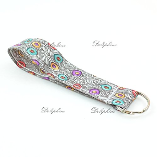 Peacock Print Wristlet Fabric Lanyard Key Chain for ID Badge Holder, Key, USB, Purse, Key fob (Brown)