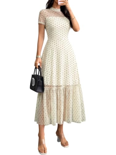 Image of GothDark Women's Summer Floral Mesh Ruffle Dress Short Sleeve Round Neck Waist Cinched Casual Maxi Wedding Guest Dresses