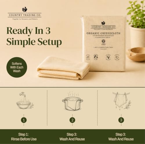 Image of Country Trading Co. Organic Cheesecloth, Grade 120 Extra-Fine Weave, 2 Hemmed Squares, GOTS Certified Unbleached Cotton, Reusable Straining Cloth for Cheese, Nut Milk, Yogurt & Kombucha