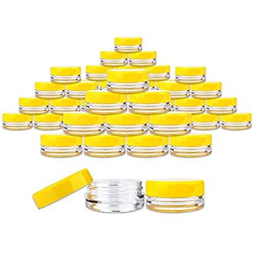 Beauticom 3g/3ml (0.1 Fl Oz) Round Clear Plastic Jars with Round Top Lids for Creams, Lotions, Make Up, Powders, Glitters, and more. (Color: Yellow Lid Quantity: 50 Pieces)