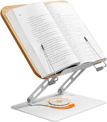 Brfveob ブックスタンド 読書台 360度回転 書見台 学習用ブックホルダー 勉強グッズ 傾斜台 高さ・角度調整可能 折りたたみ 教科書 レシピ 木製台座 (A)