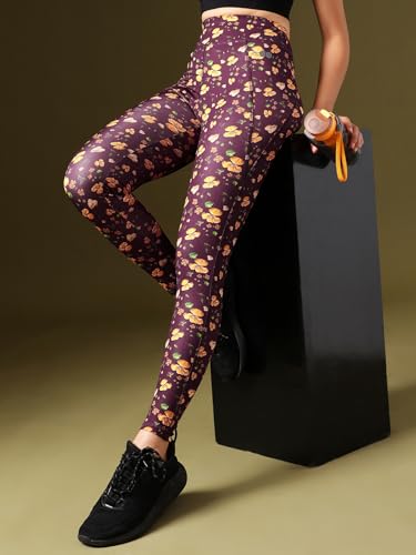 Image of Clovia Women's High Rise High-Rise Floral Print Active Regular Fit Tights With Side Pocket