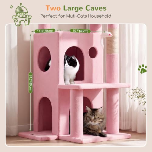 Image of Globlazer Cat Tree Tower for Indoor Cats, 50-inch Adult Cat Tree House for Large Adult Cats with Steps, Scratching Post, 2 Cat Caves, Dangling Toys, FC50, Pink
