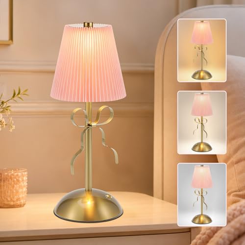 WyzXorn Bow Table Lamps Cordless Rechargeable LED Table Lamps for Living Room Touch Control 3 Colors Dimmable Wireless Bedside Lamps for Bedroom Office Home Decor