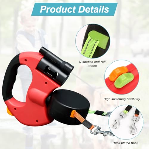 CRWEOM Hundeleine Doppelleine für 2 Hunde – Einziehbare Rollleine mit 360° Drehfunktion, LED-Beleuchtung & Reflektierendem Nylon | Ergonomischer Griff, Rot