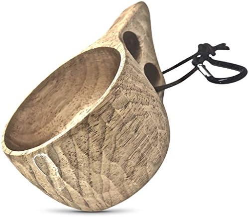 Überleben Dursten Kuksa - Handcrafted Wood Camp Mug - 100% Natural Hardwood Cup with Carabiner & Leather Lanyard - Traditional Wooden Nordic Design - Lightweight, Durable - 350ml/12oz