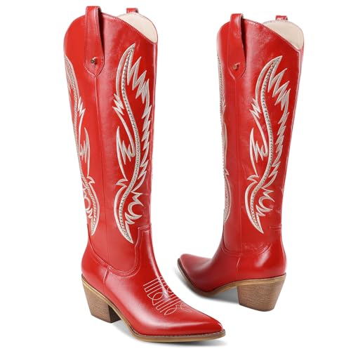 RONILURN Knee High Cowboy Boots Women Studded Embroidered Cowgirl Boots — view 5