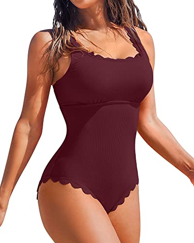 Image of Charmo Womens Scalloped One Piece Swimsuits Modest Bathing Suits | Square Neck,Ribbed,Push Up Removable Cups,Adjustable Wide Straps,Cutout Back,Beach,Pool