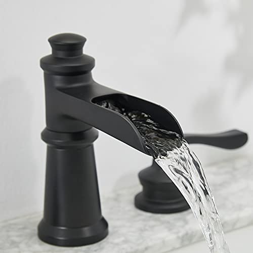 Black Widespread Bathroom Faucet Matte Waterfall Vanity 2-Handle Farmhouse 3 Holes 8-16 Inch With Pop Up Drain Assembly Mixer Tap Overflow Supply Line Lead-Free By Homevacious #TOP4