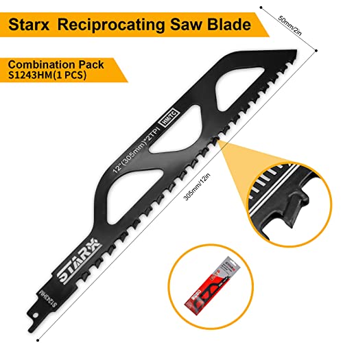 Starx Reciprocating Saw Blade-Demolition Masonry Hard Alloy Tungsten Carbide Saw Blades For Cutting Brick, Limestone, Fiber Cement, Aerated Concrete And Proton,1/2"Universal Shank. 12"(305Mm)*2Tpi #TOP1