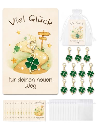 Happirra 12er Set Glücks-Schlüsselanhänger mit Kleeblatt & Rückkarte Abschiedsgeschenk Schüler Abschluss Geschenk Schüler Viel Glück für deinen neuen Weg auch für Kollegen Team
