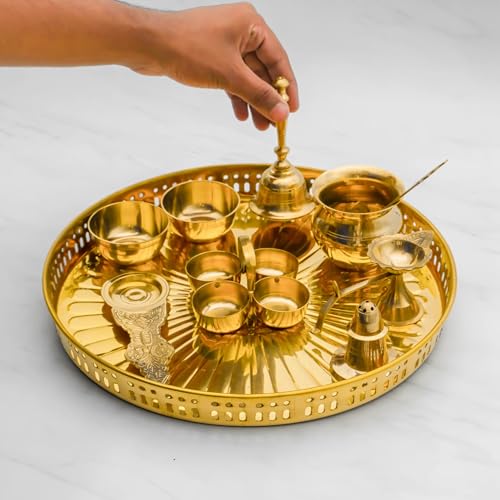Image of Mkd2 Rise Brass Puja Thali Set (12 inch, Gold) - Set of 10 Pieces | Traditional Pooja Thali Plate | Puja Set for Home Decor, Temple, Office, Wedding and Return Gifts