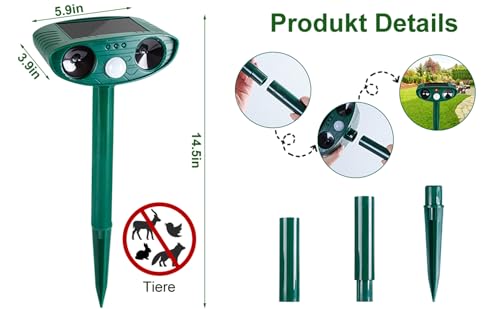 Solarbetriebener Katzenschreck für garten testsieger, Hofeny Marderschreck Ultraschall, 8m Reichweite, Tiervertreiber mit einem Bewegungsmelder, Maulwurf Vertreiber wirksam gegen Katzen, Marder, Vögel