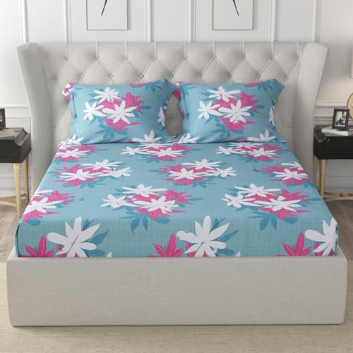 Image of Cloth Fusion Elastic Fitted Queen Size Bed Sheet with 2 Pillow Covers, Soft Wrinkle Free Elastic Bedsheets for Queen Size Bed (78X60X8 inches, Floral Blue)