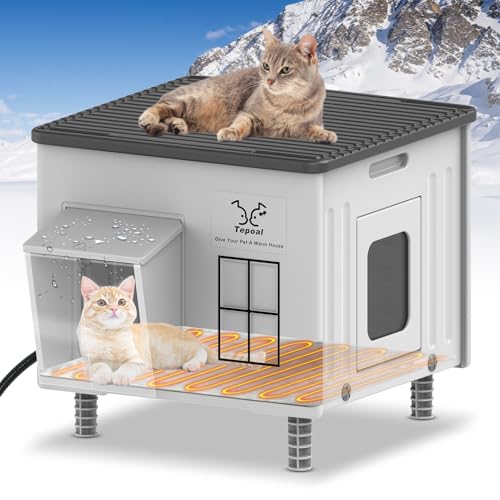 Tepoal Plastic Heated Cat House for Outside Winter, Weatherproof Outside