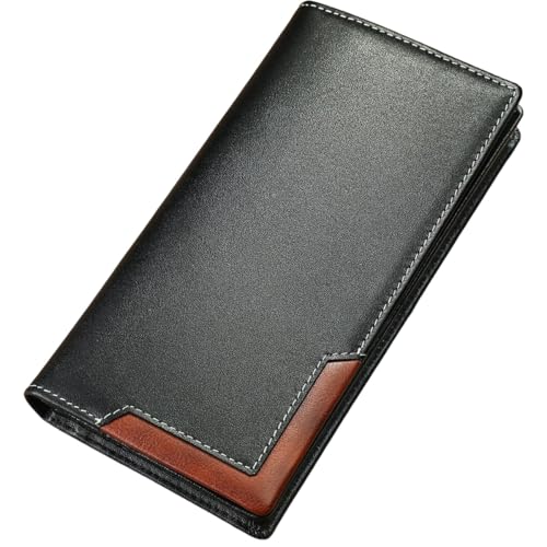 Men's Vintage Durable Long Wallet, Genuine Leather Large Capacity Wallet for Checkbook Credit Cards(Black)