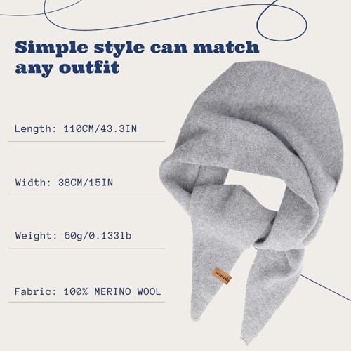 ACUSHLA 100% Merino Wool Triangle Scarf for Women Winter Neck Gaiter Warmer Knit Fashion Hooded Scarf Lightweight Soft Warm Neck Wrap for Ladies, 15.7'' X 47.2'', Light Grey