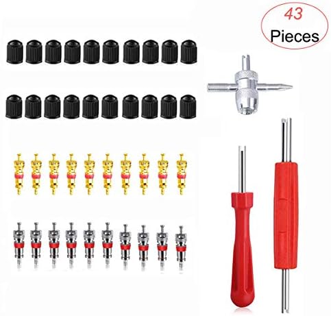 43 Pcs Valve Core Remover Tool Set with 20Pcs Schrader Valve Cores, 1Pcs Dual Single and 1Pcs Single Head Valve Core Remover Tire Repair Tool, 20Pcs Tire Valve Caps, 1Pcs 4-Way Valve Tool