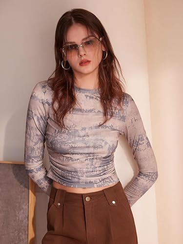 CIDER Women’s Round Neck Tie Dye Ruched Long Sleeve Fitted Crop Top Graphic Y2K Grunge Shirts3