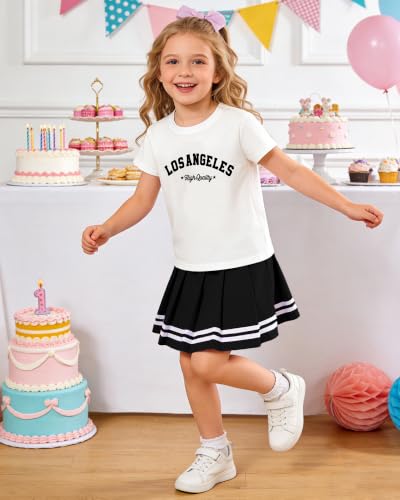 Image of Betusline Girls Skirt Set, Printed T-Shirt & Pleated Skirt, 4-14Y | Elastic waist pleated skirt with built-in shorts, anti-exposure design, pleats stay tidy after washes.