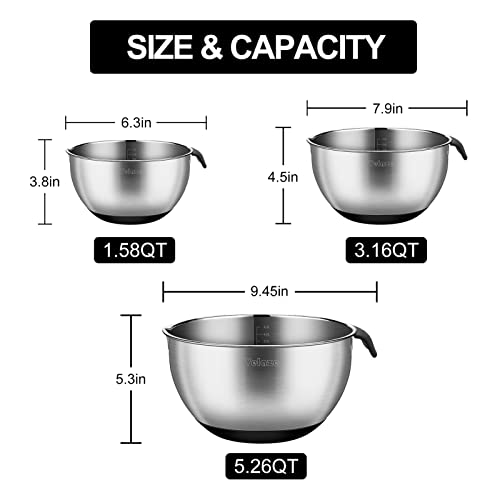 Velaze Premium Mixing Bowls, 3 Piece Thicker Stainless Steel Metal Bowls, Metal Bowls With Inner Measurement Mark, Non-Slip Silicone Bottom, Size 5, 3, 1.5 Qt, Great For Mixing & Serving #TOP1