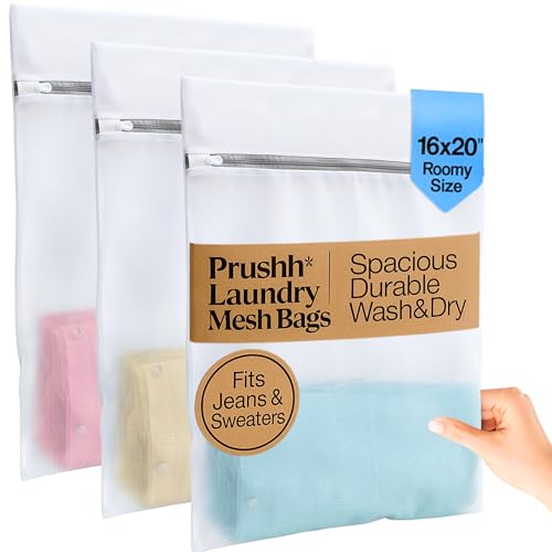 Prushh 3Pc Spacious Durable Mesh Laundry Bags (16x20 Inches) Protects Delicates, Fine Mesh for Uniform Wash & Dry, Auto-Lock Zipper, Washer-Friendly, For Home, Dorm or Storage, Fits Socks to Sweaters