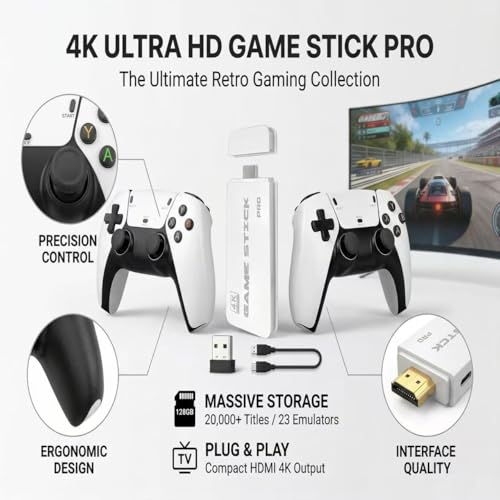 Retro Gaming Console 2026 Edition Built-in 128GB Storage Supports 20,000+ Classic Games Dual Wireless Controllers 4K HDMI TV Stick Plug-and-Play Nostalgic Gaming System